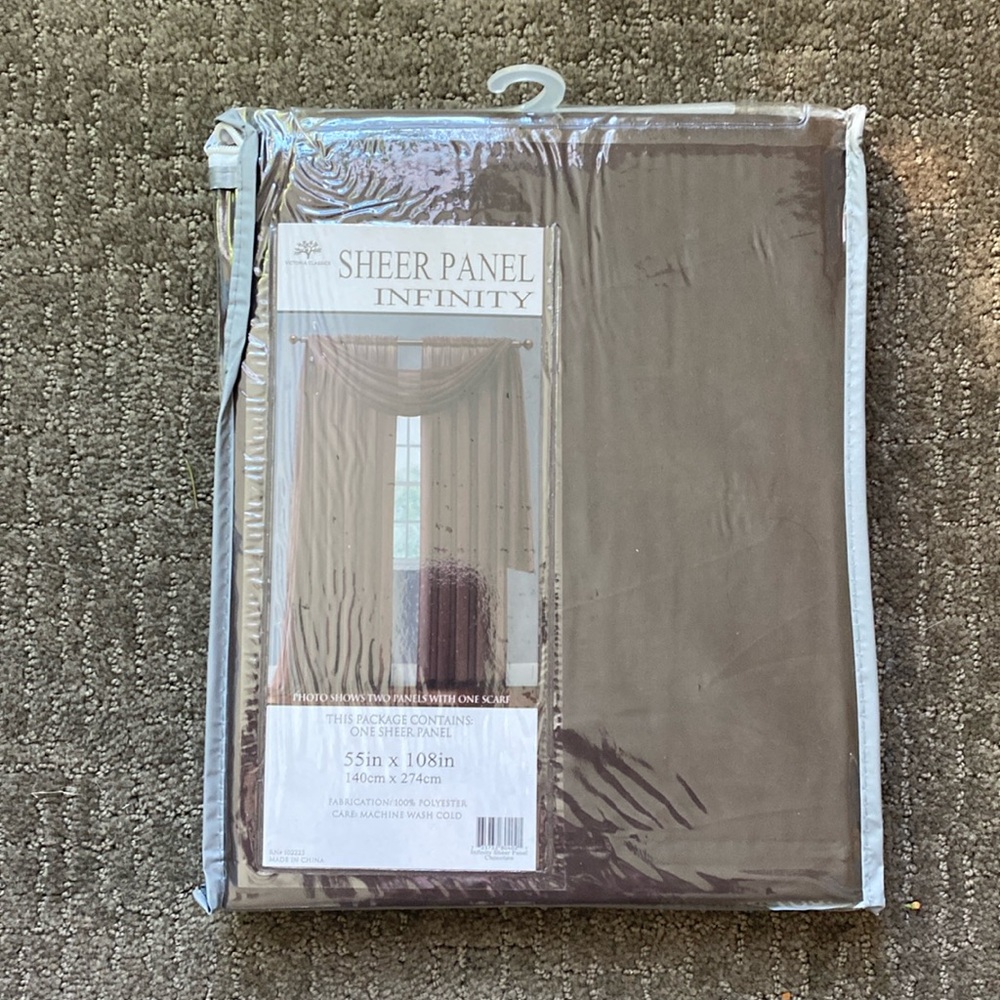 NEW, 11 sheer window panels, dark brown, 55”x 108”long
